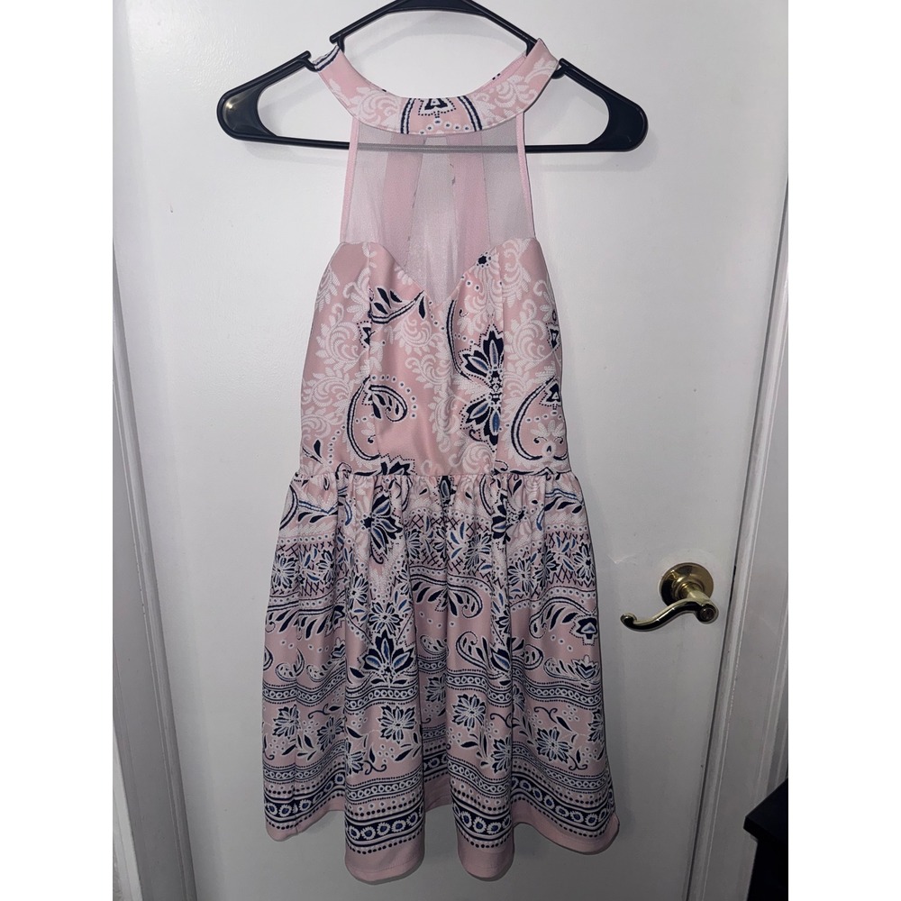 Trixxi Pink Navy Paisley Halter Mesh Skater Dress Size 9 Halter Neck Party
